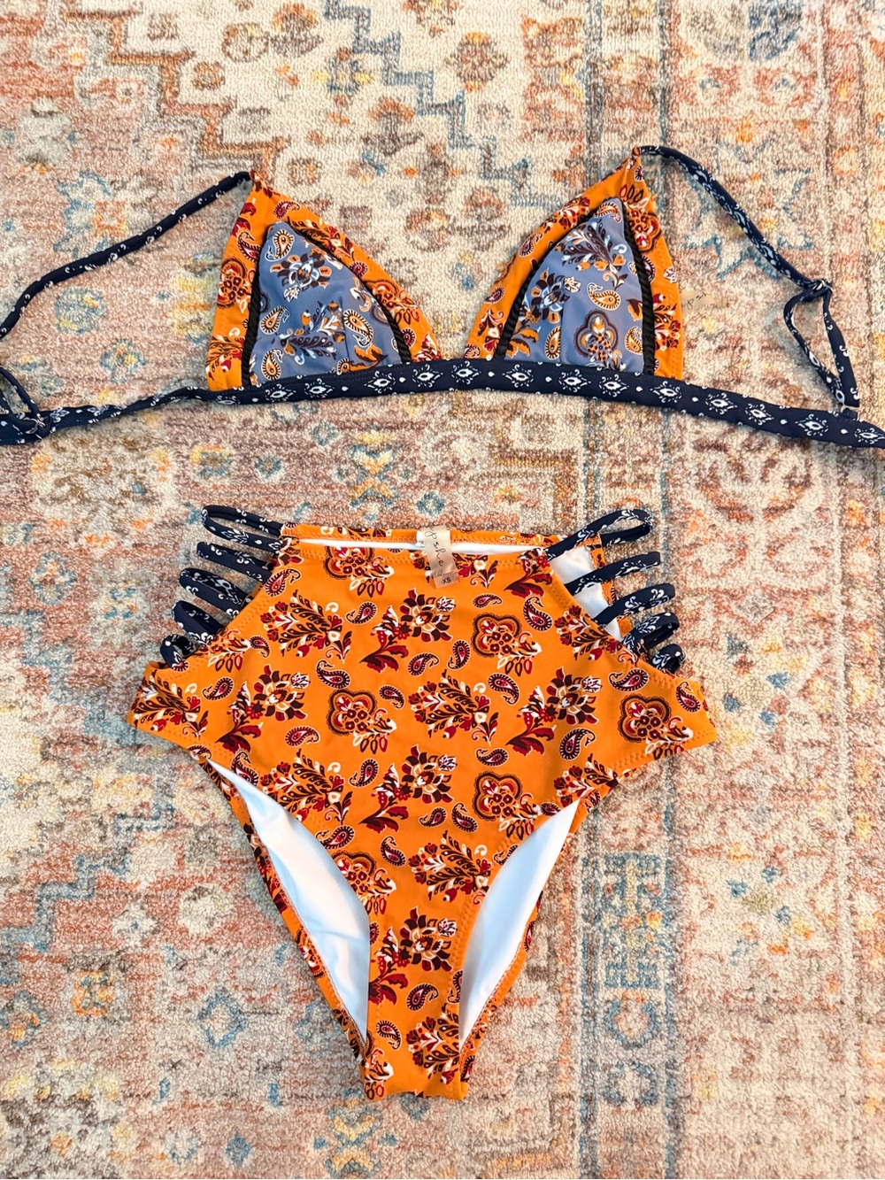Cupshe Orange Paisley High-Waist Two-Piece Bikini with Navy Trim